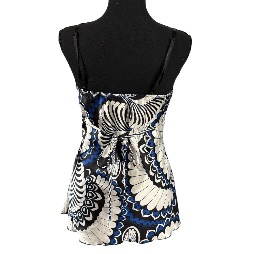 Y2K Satin Babydoll Bling Tie Back Blue Black Mod Print Top Sz M - Picture 3 of 13